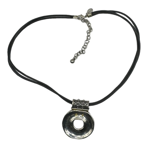 Chico’s Silver Pendant With Blue Tiger Eye Stone and Leather Necklace 11.5” Long - Picture 4 of 10